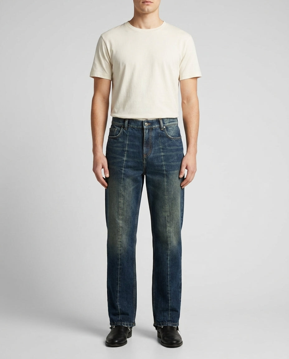 Men's Dark Blue Vintage Wash Straight Jeans
