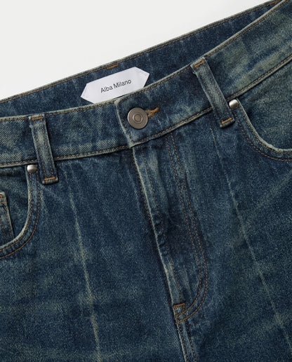 Men's Dark Blue Vintage Wash Straight Jeans 2